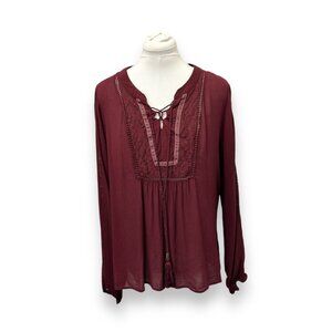 Knox Rose Women’s Long Sleeve Boho Peasant Tunic, Wine, size XXL